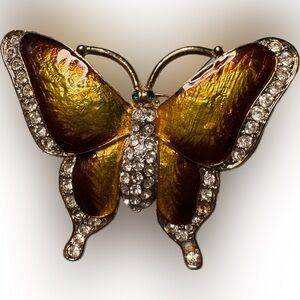 Vintage gold tone enamel rhinestone yellow brown green eyes butterfly brooch pin